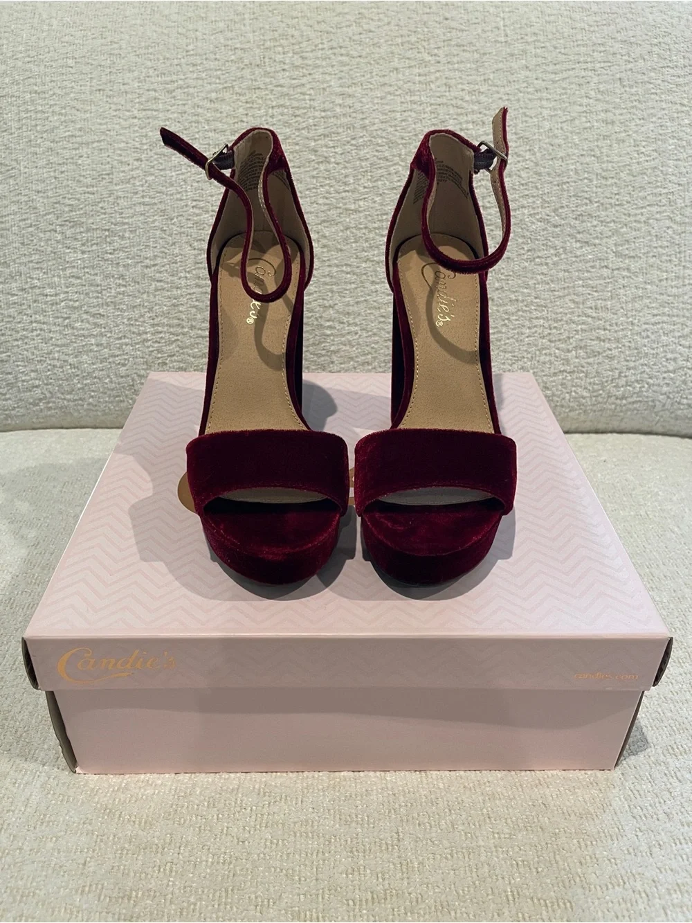 Candie’s Velvet Ankle-Strap Platform Heels - Wine Velvet